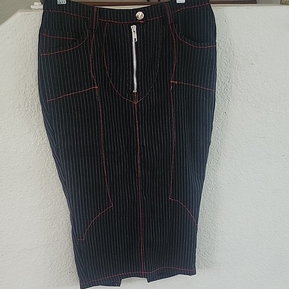 Tripp Pencil Skirt pinstripe with red contrast stitching